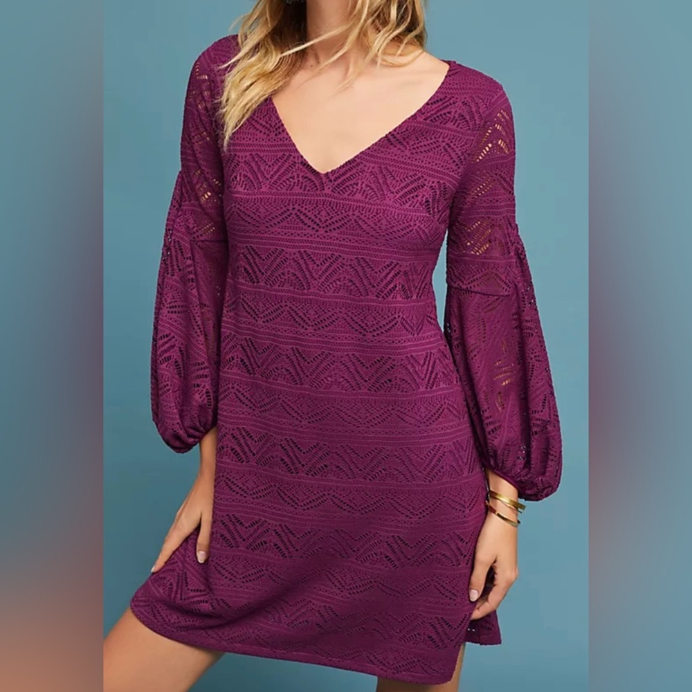 Maeve Anthropologie Leila Purple Lace Dress Balloon Sleeve Size Medium